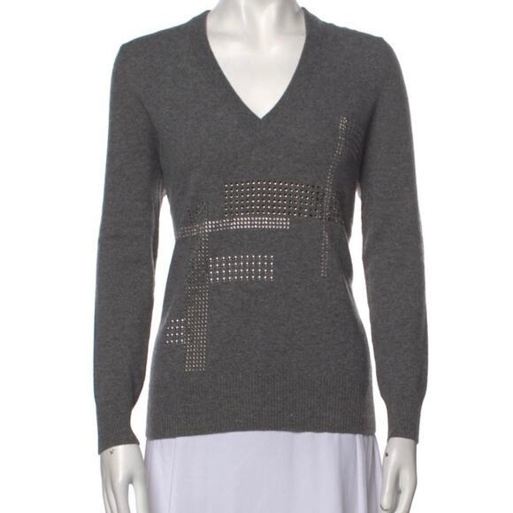 Christopher Kane Grey Wool Cashmere Hotfix V Neck Jumper SweaterX Large